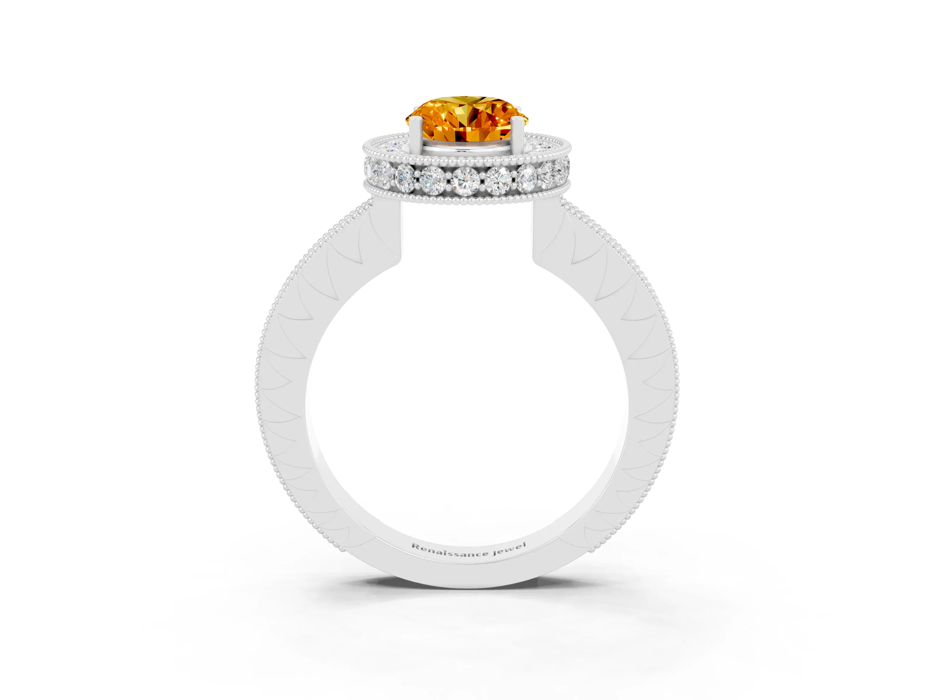 White gold Oval Cut Halo Diamond Engagement Ring with Milgrain Pave Band and Four-Prong Setting_3