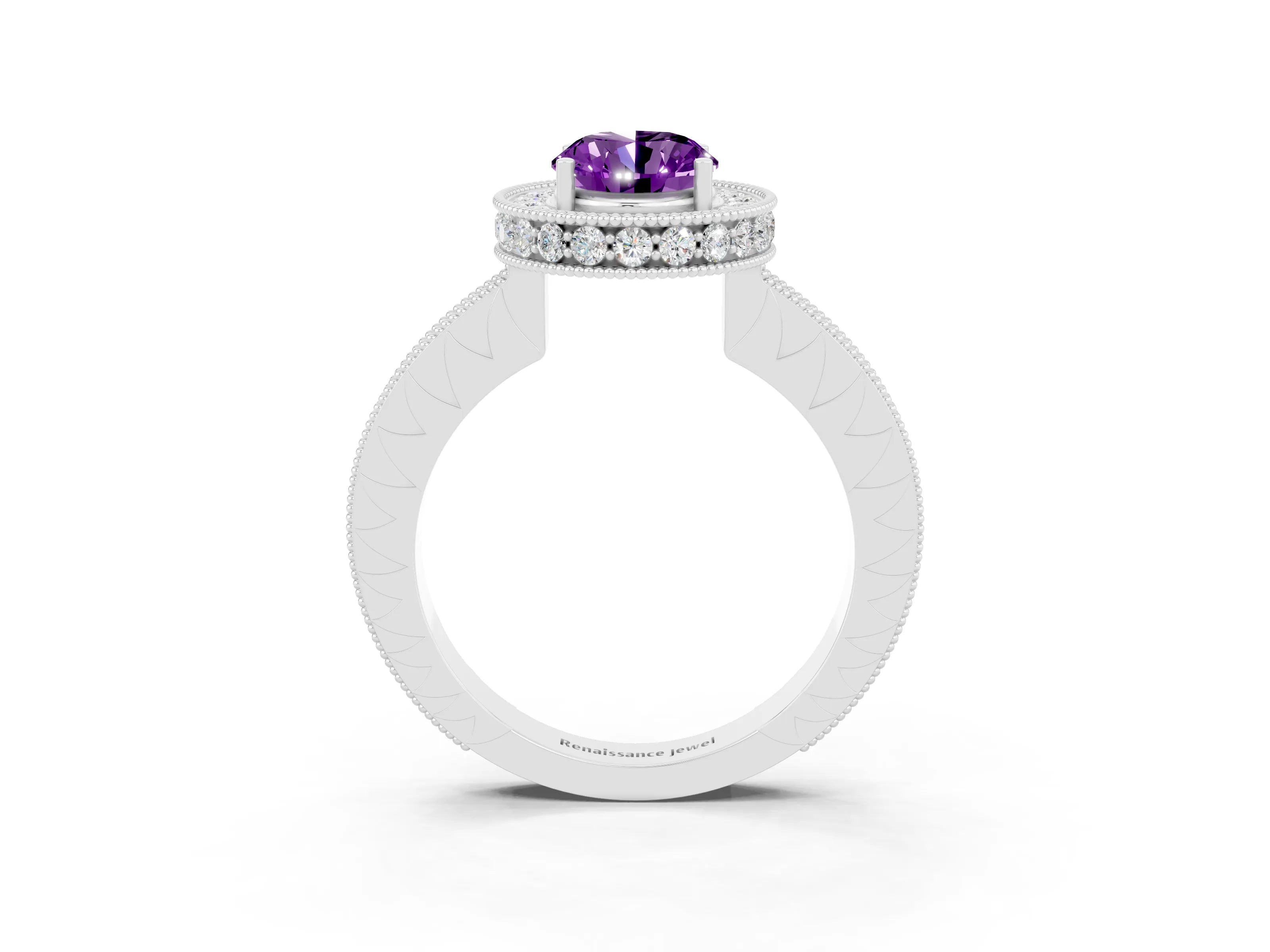 White gold Oval Cut Halo Diamond Engagement Ring with Milgrain Pave Band and Four-Prong Setting_3