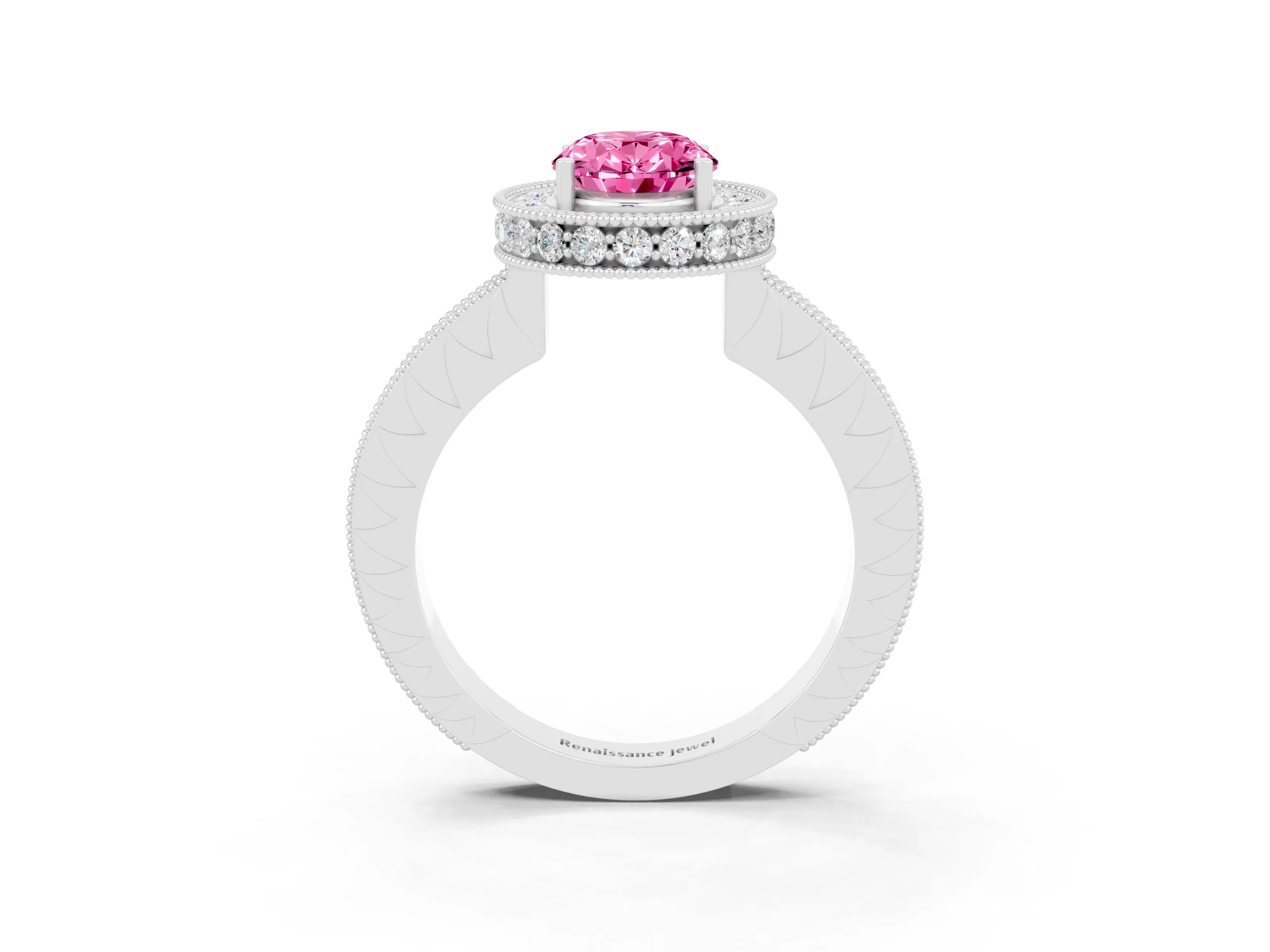 White gold Oval Cut Halo Diamond Engagement Ring with Milgrain Pave Band and Four-Prong Setting_3