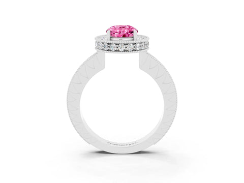 White gold Oval Cut Halo Diamond Engagement Ring with Milgrain Pave Band and Four-Prong Setting_3