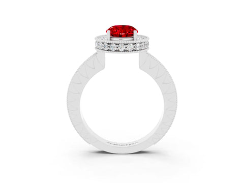 White gold Oval Cut Halo Diamond Engagement Ring with Milgrain Pave Band and Four-Prong Setting_3