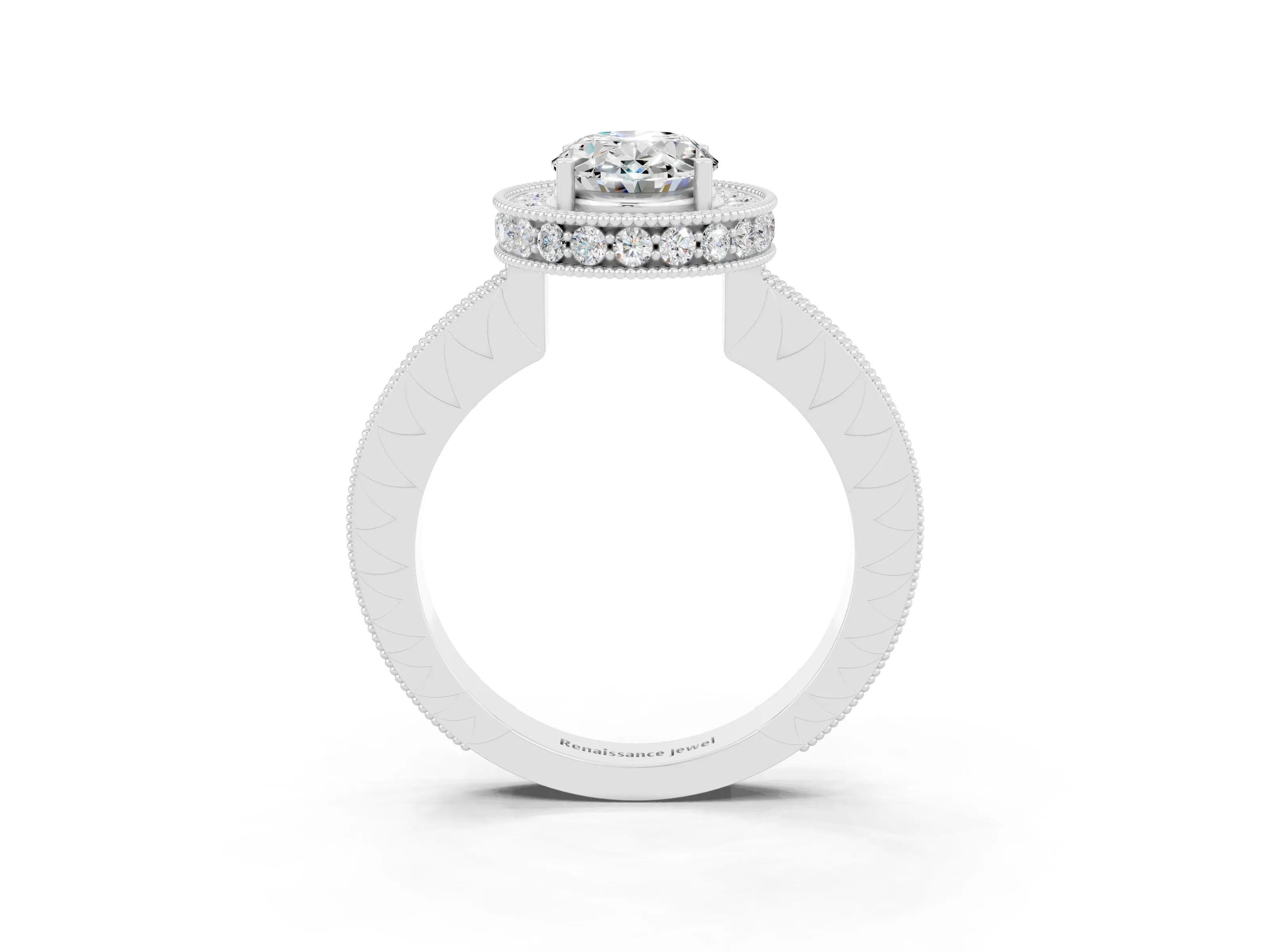 White gold Oval Cut Halo Diamond Engagement Ring with Milgrain Pave Band and Four-Prong Setting_3