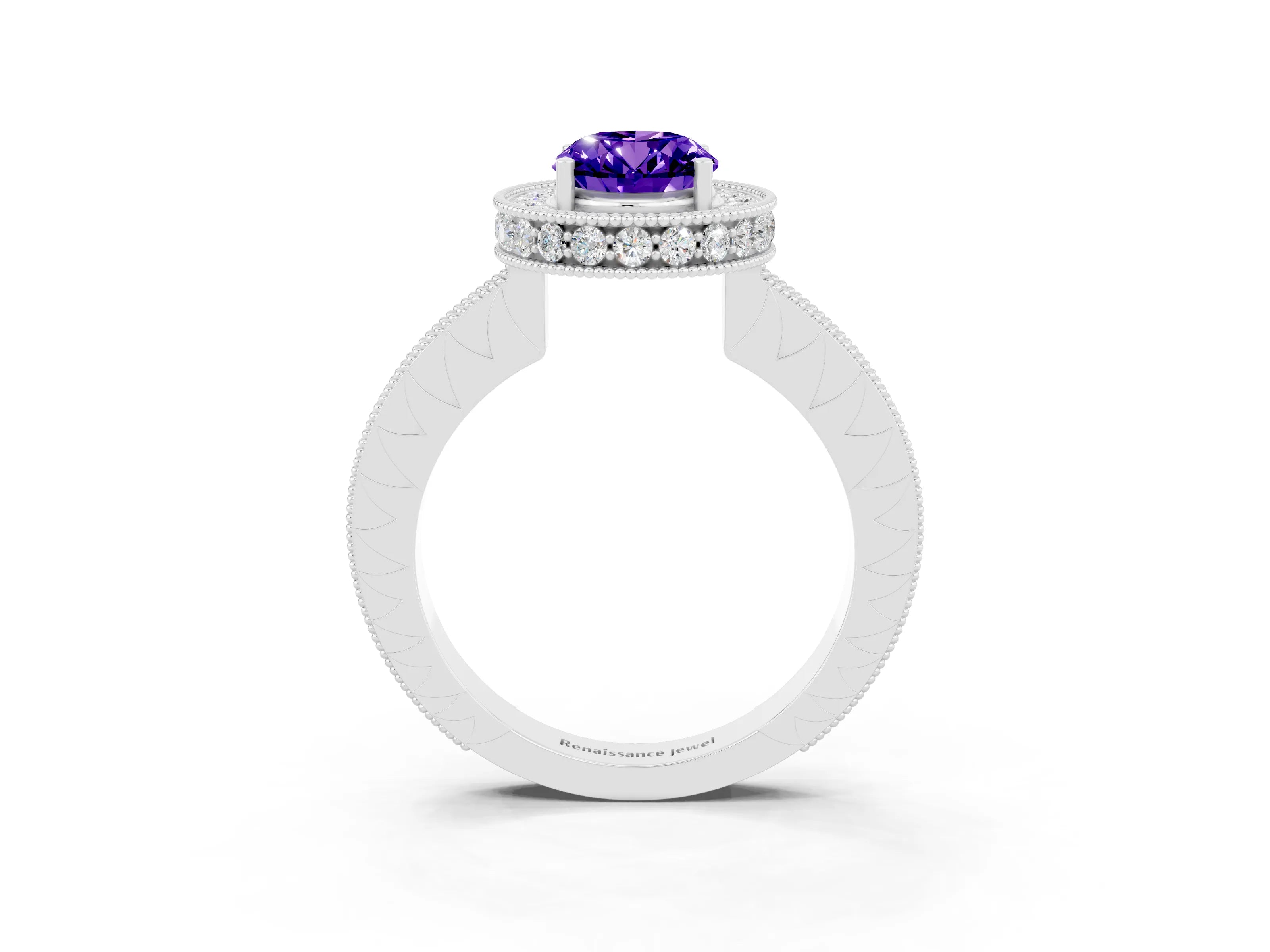 White gold Oval Cut Halo Diamond Engagement Ring with Milgrain Pave Band and Four-Prong Setting_3