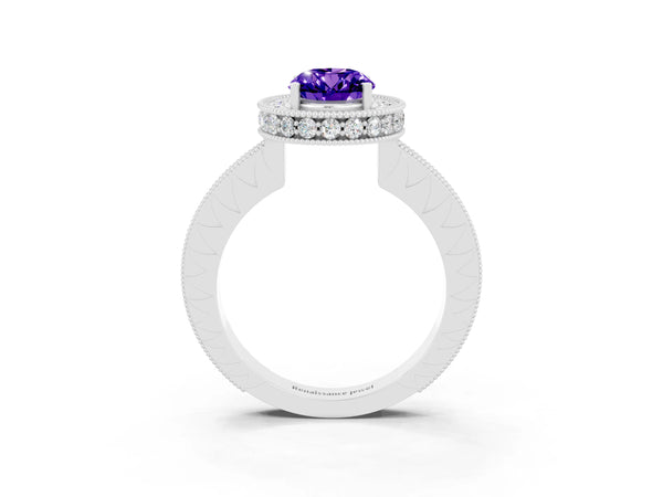 Platinum Oval Cut Halo Diamond Engagement Ring with Milgrain Pave Band and Four-Prong Setting