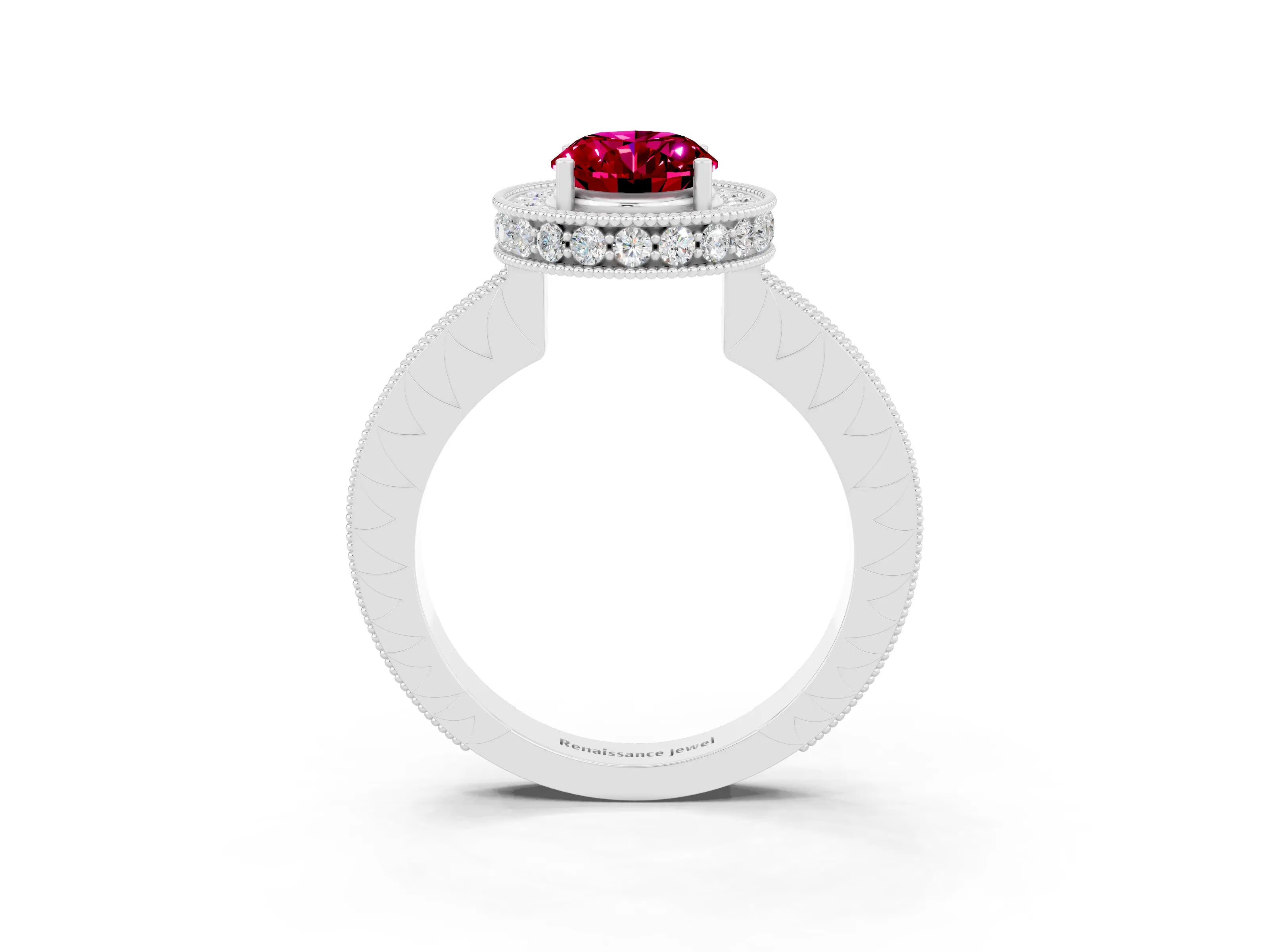 White gold Oval Cut Halo Diamond Engagement Ring with Milgrain Pave Band and Four-Prong Setting_3