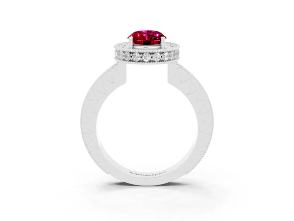 Silver Oval Cut Halo Diamond Engagement Ring with Milgrain Pave Band and Four-Prong Setting