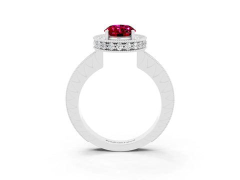 White gold Oval Cut Halo Diamond Engagement Ring with Milgrain Pave Band and Four-Prong Setting_3