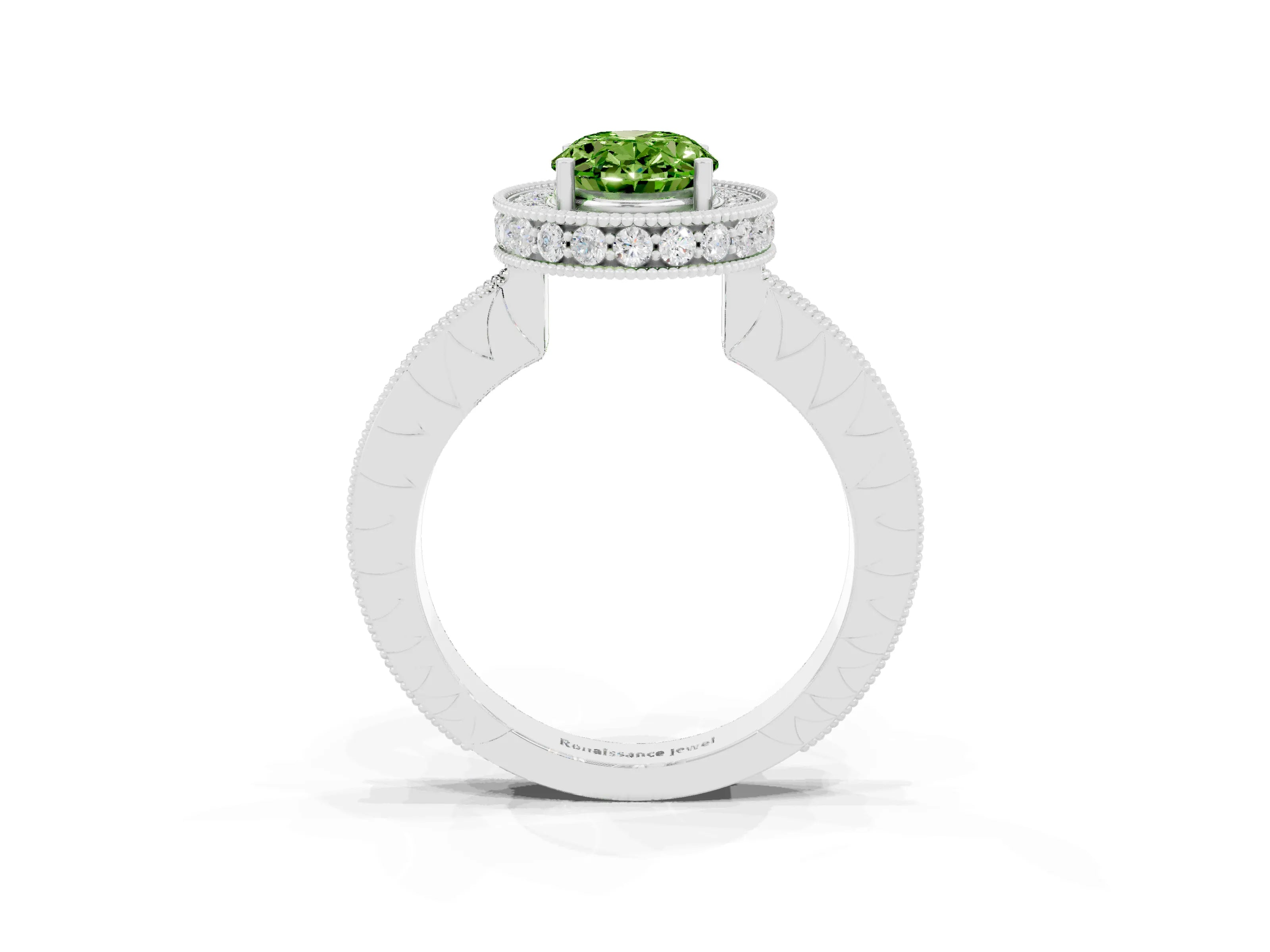 White gold Oval Cut Halo Diamond Engagement Ring with Milgrain Pave Band and Four-Prong Setting_3