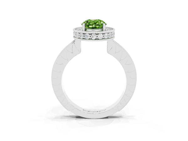 Platinum Oval Cut Halo Diamond Engagement Ring with Milgrain Pave Band and Four-Prong Setting