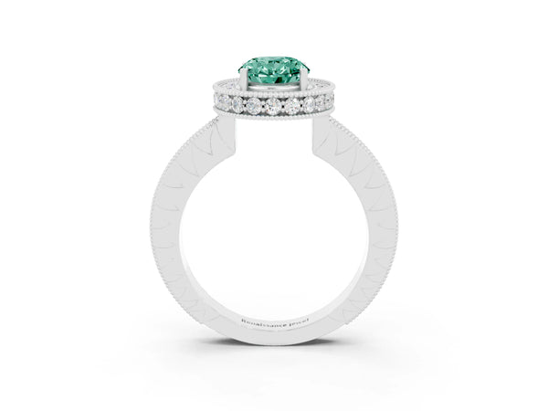Platinum Oval Cut Halo Diamond Engagement Ring with Milgrain Pave Band and Four-Prong Setting