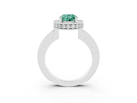 White gold Oval Cut Halo Diamond Engagement Ring with Milgrain Pave Band and Four-Prong Setting_3