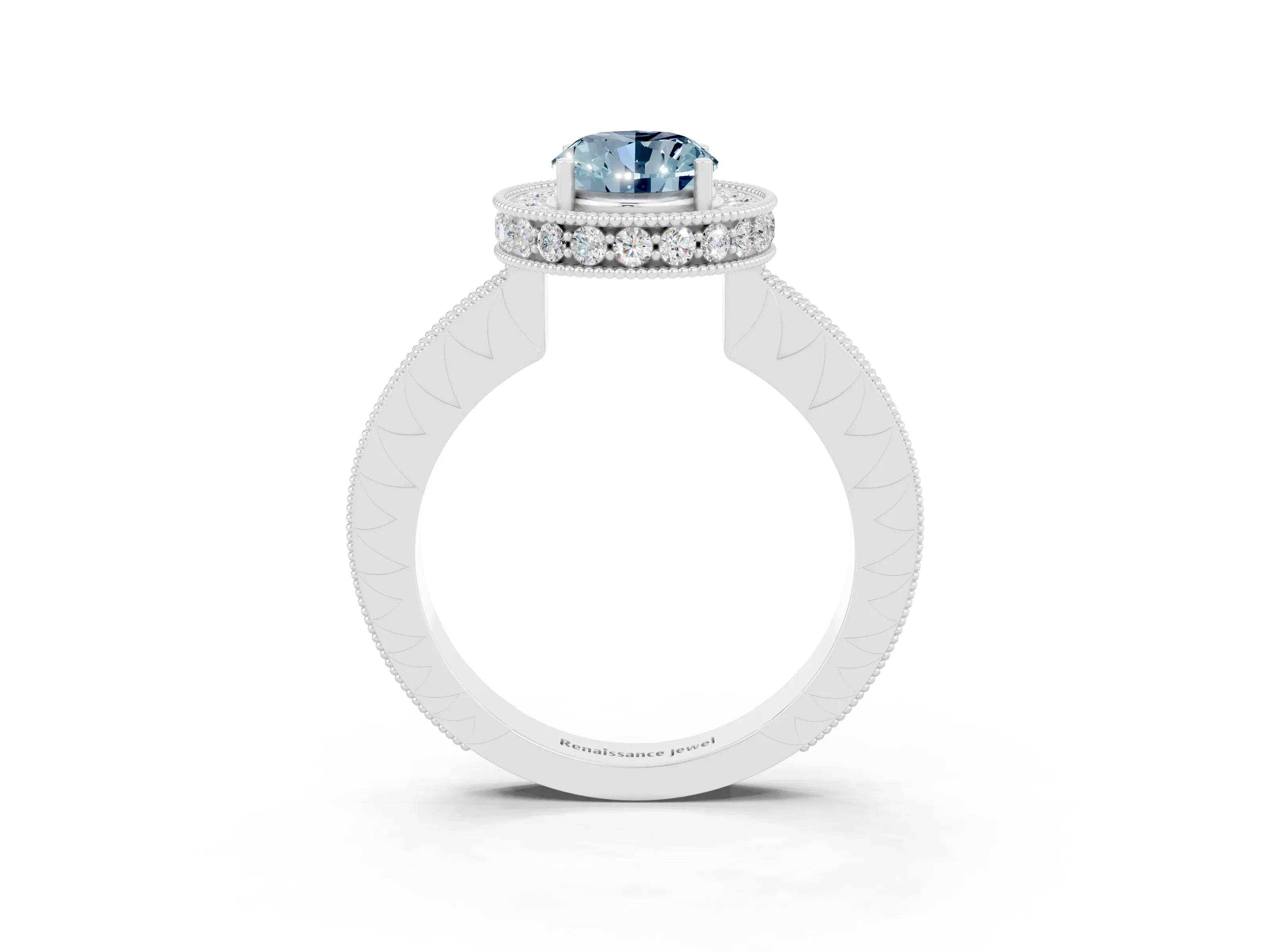 White gold Oval Cut Halo Diamond Engagement Ring with Milgrain Pave Band and Four-Prong Setting_3
