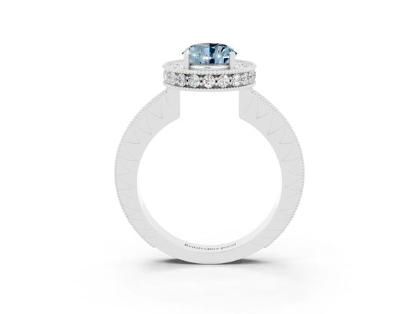 Silver Oval Cut Halo Diamond Engagement Ring with Milgrain Pave Band and Four-Prong Setting