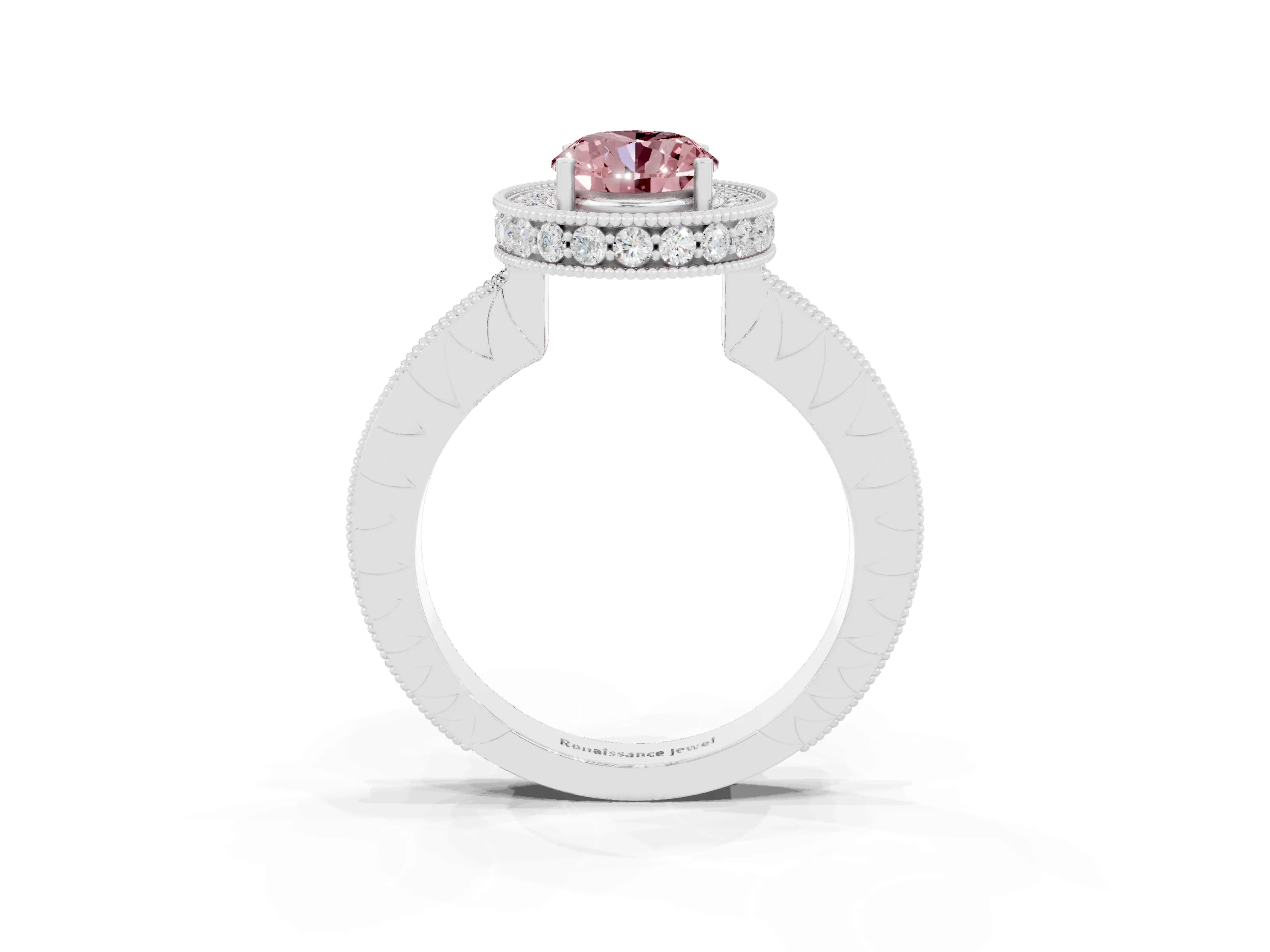 White gold Oval Cut Halo Diamond Engagement Ring with Milgrain Pave Band and Four-Prong Setting_3