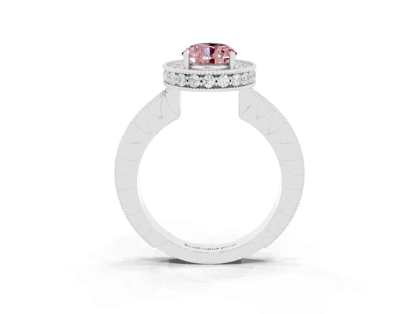 White gold Oval Cut Halo Diamond Engagement Ring with Milgrain Pave Band and Four-Prong Setting
