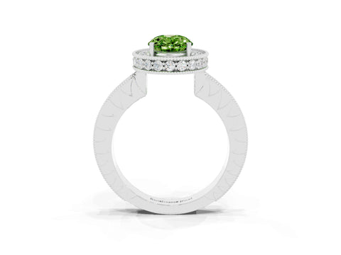 White gold Oval Cut Halo Diamond Engagement Ring with Milgrain Pave Band and Four-Prong Setting_3