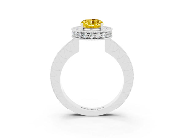 Platinum Oval Cut Halo Diamond Engagement Ring with Milgrain Pave Band and Four-Prong Setting