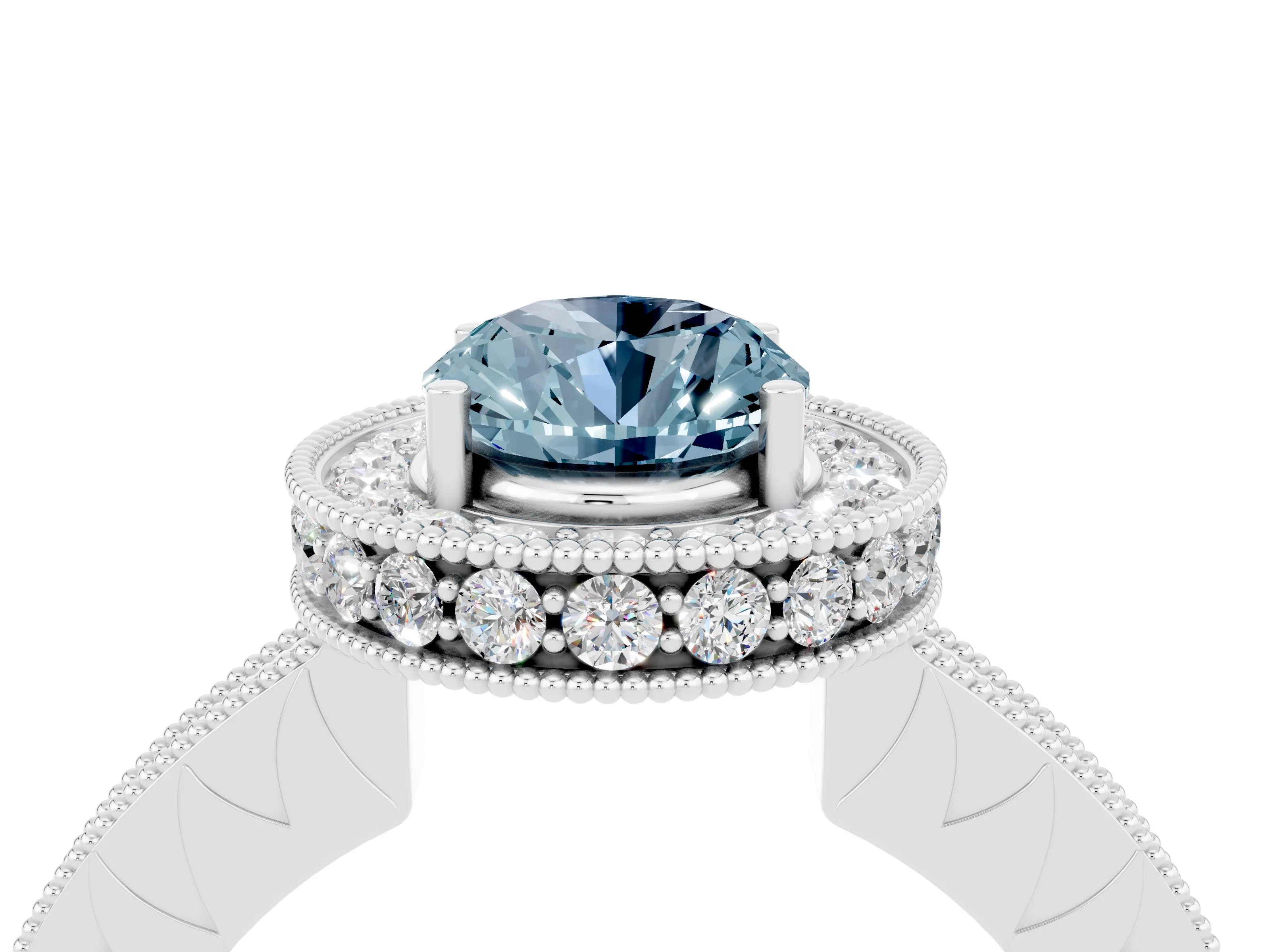 White gold Oval Cut Halo Diamond Engagement Ring with Milgrain Pave Band and Four-Prong Setting_4
