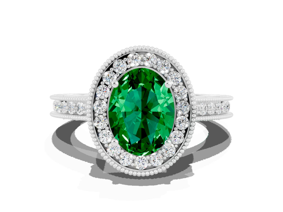 White gold Oval Cut Halo Diamond Engagement Ring with Milgrain Pave Band and Four-Prong Setting