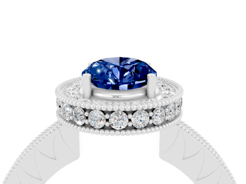 White gold Oval Cut Halo Diamond Engagement Ring with Milgrain Pave Band and Four-Prong Setting_4