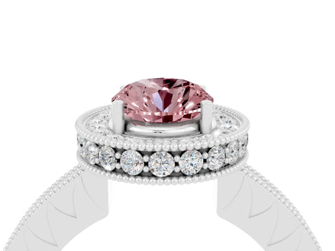 White gold Oval Cut Halo Diamond Engagement Ring with Milgrain Pave Band and Four-Prong Setting_4
