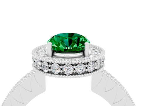 White gold Oval Cut Halo Diamond Engagement Ring with Milgrain Pave Band and Four-Prong Setting_4