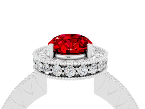 White gold Oval Cut Halo Diamond Engagement Ring with Milgrain Pave Band and Four-Prong Setting_4
