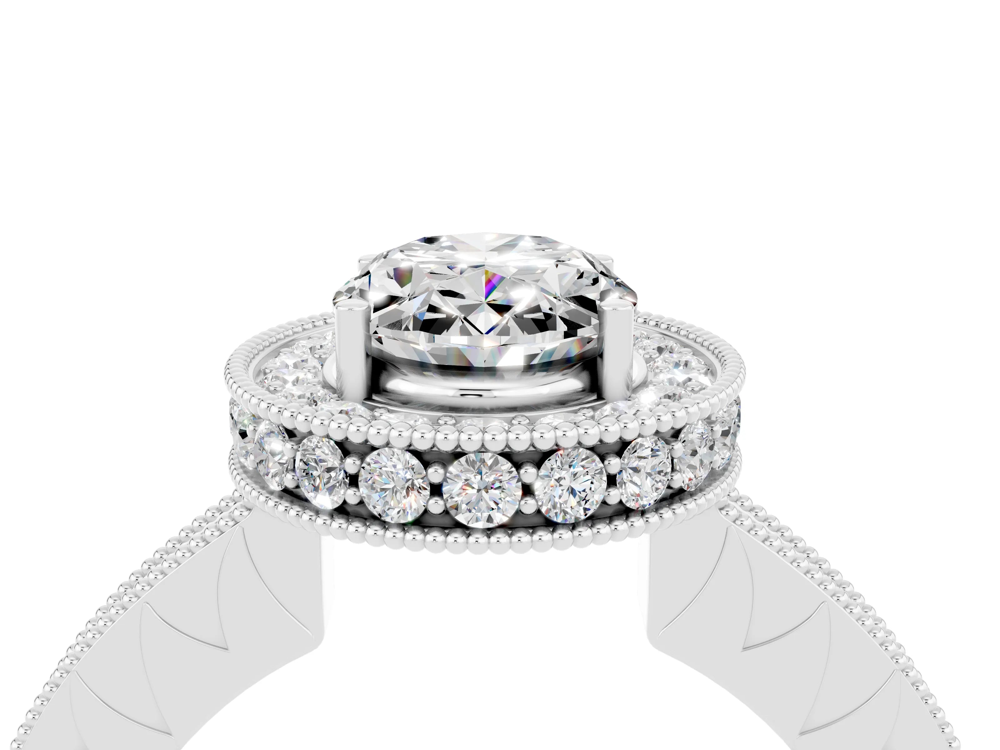White gold Oval Cut Halo Diamond Engagement Ring with Milgrain Pave Band and Four-Prong Setting_4