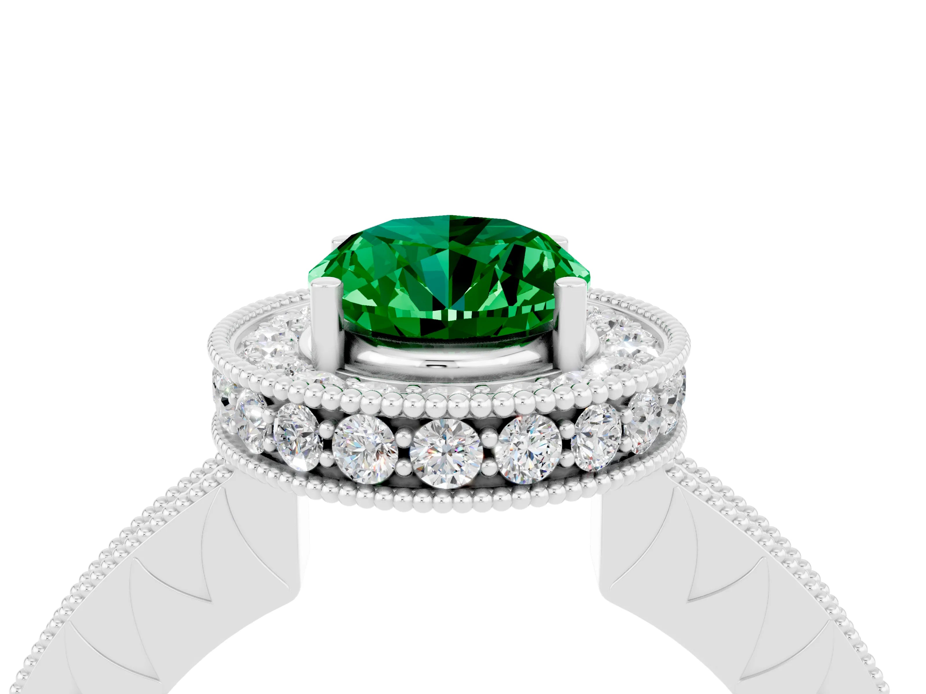 White gold Oval Cut Halo Diamond Engagement Ring with Milgrain Pave Band and Four-Prong Setting_4