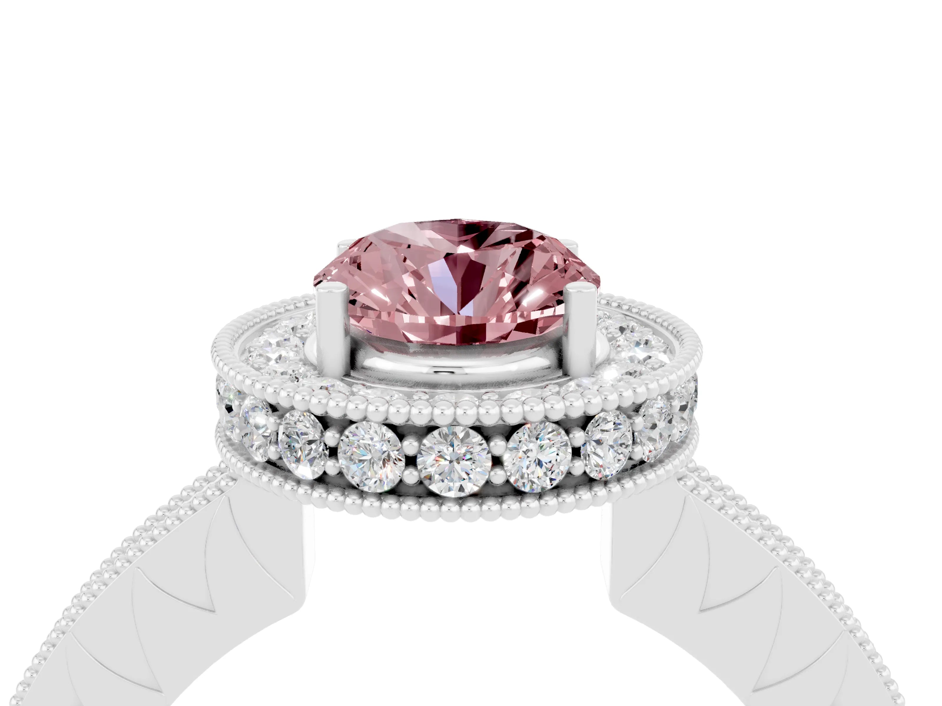 White gold Oval Cut Halo Diamond Engagement Ring with Milgrain Pave Band and Four-Prong Setting_4