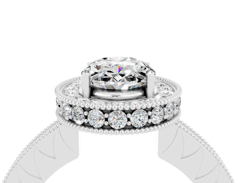 White gold Oval Cut Halo Diamond Engagement Ring with Milgrain Pave Band and Four-Prong Setting_4