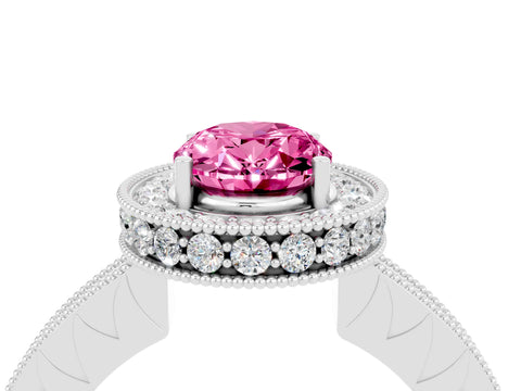White gold Oval Cut Halo Diamond Engagement Ring with Milgrain Pave Band and Four-Prong Setting_4