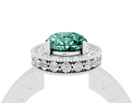 White gold Oval Cut Halo Diamond Engagement Ring with Milgrain Pave Band and Four-Prong Setting_4