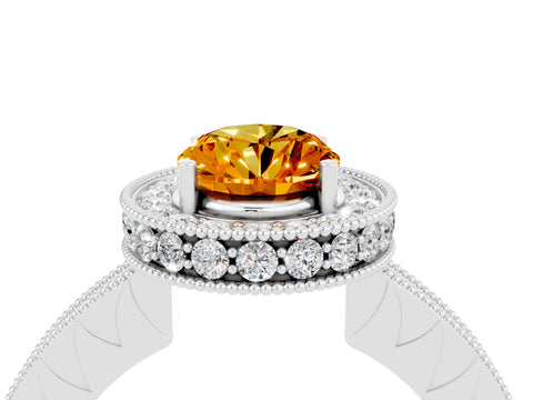 White gold Oval Cut Halo Diamond Engagement Ring with Milgrain Pave Band and Four-Prong Setting_4