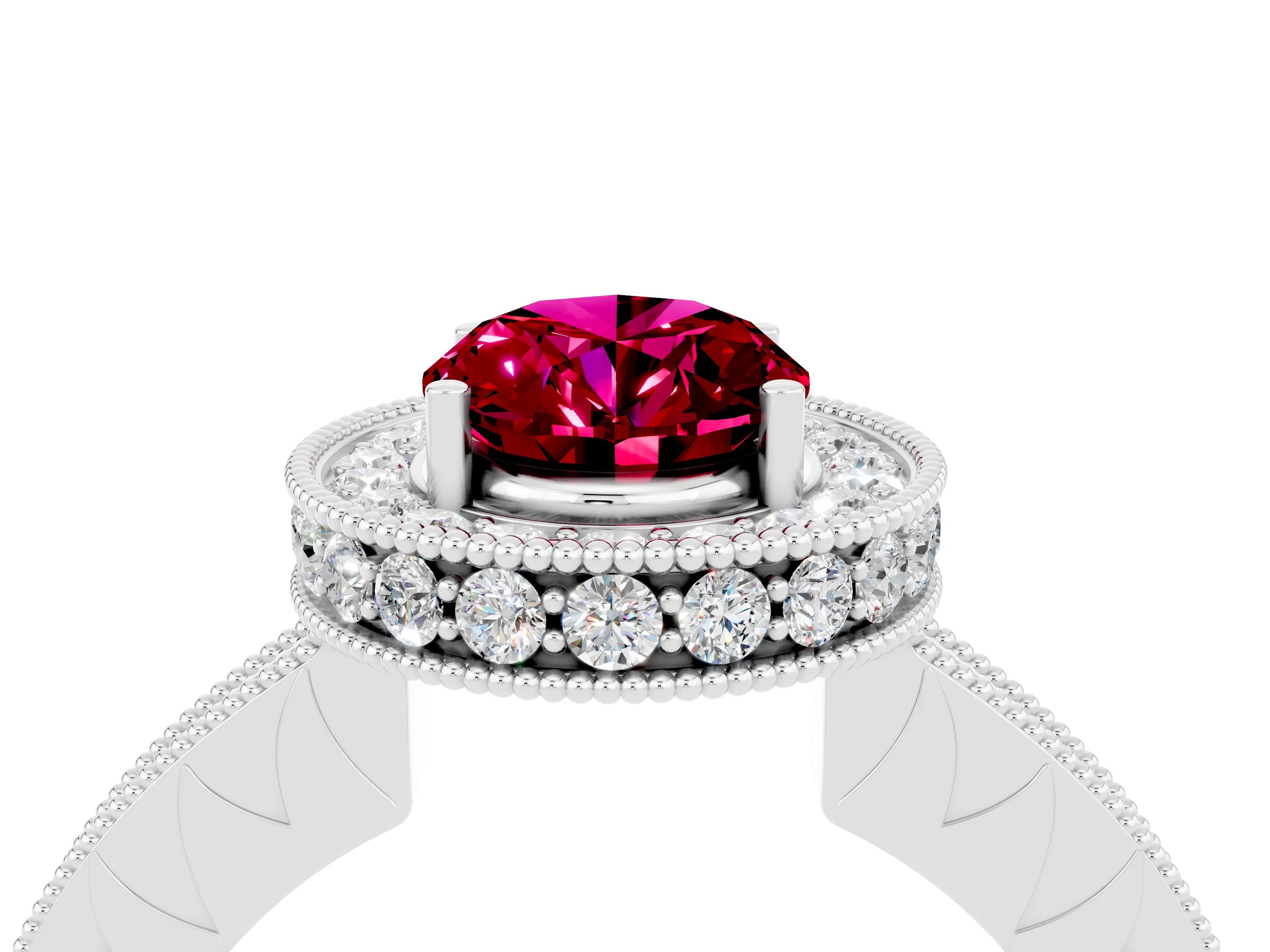 White gold Oval Cut Halo Diamond Engagement Ring with Milgrain Pave Band and Four-Prong Setting_4