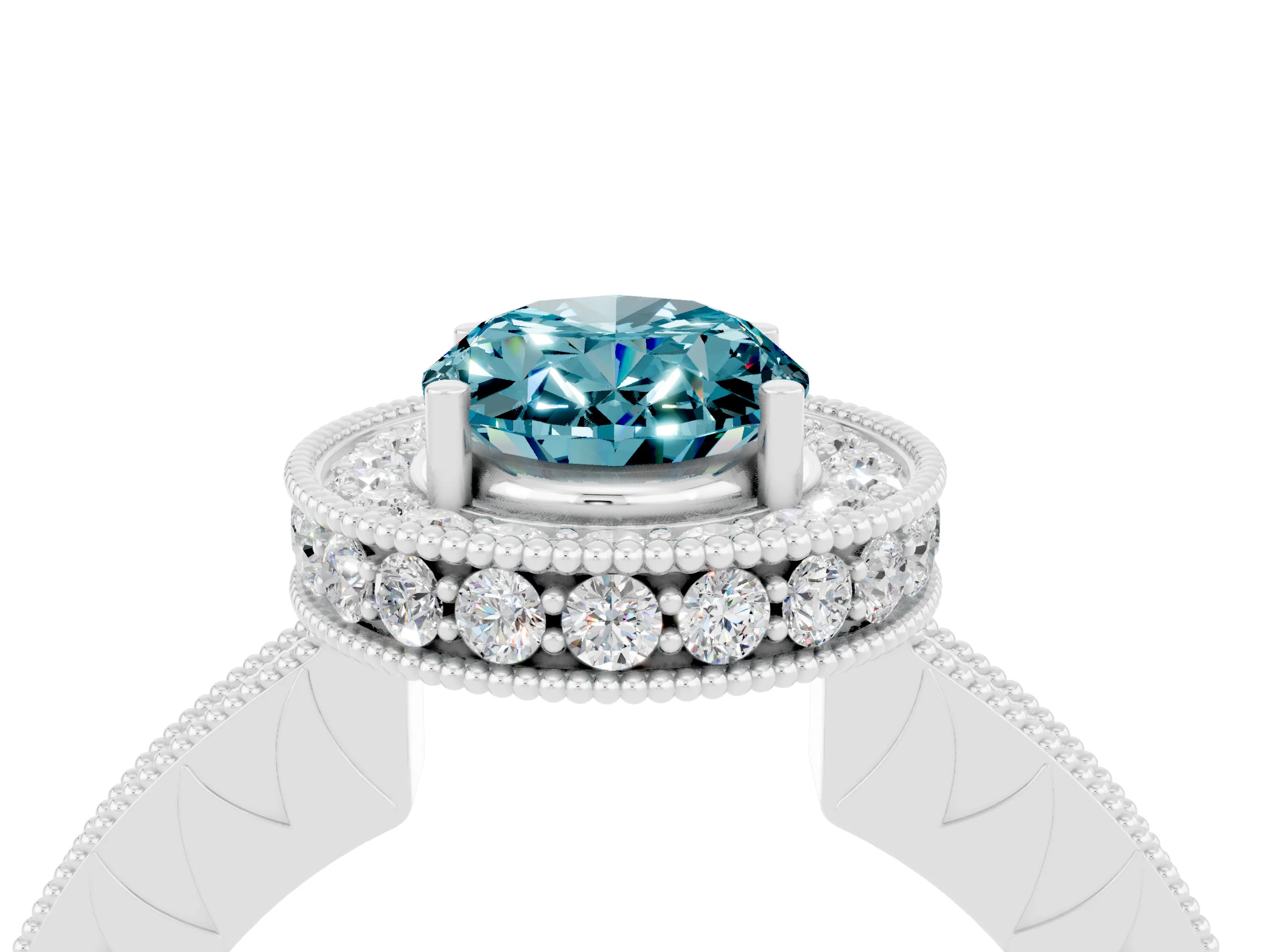 White gold Oval Cut Halo Diamond Engagement Ring with Milgrain Pave Band and Four-Prong Setting_4