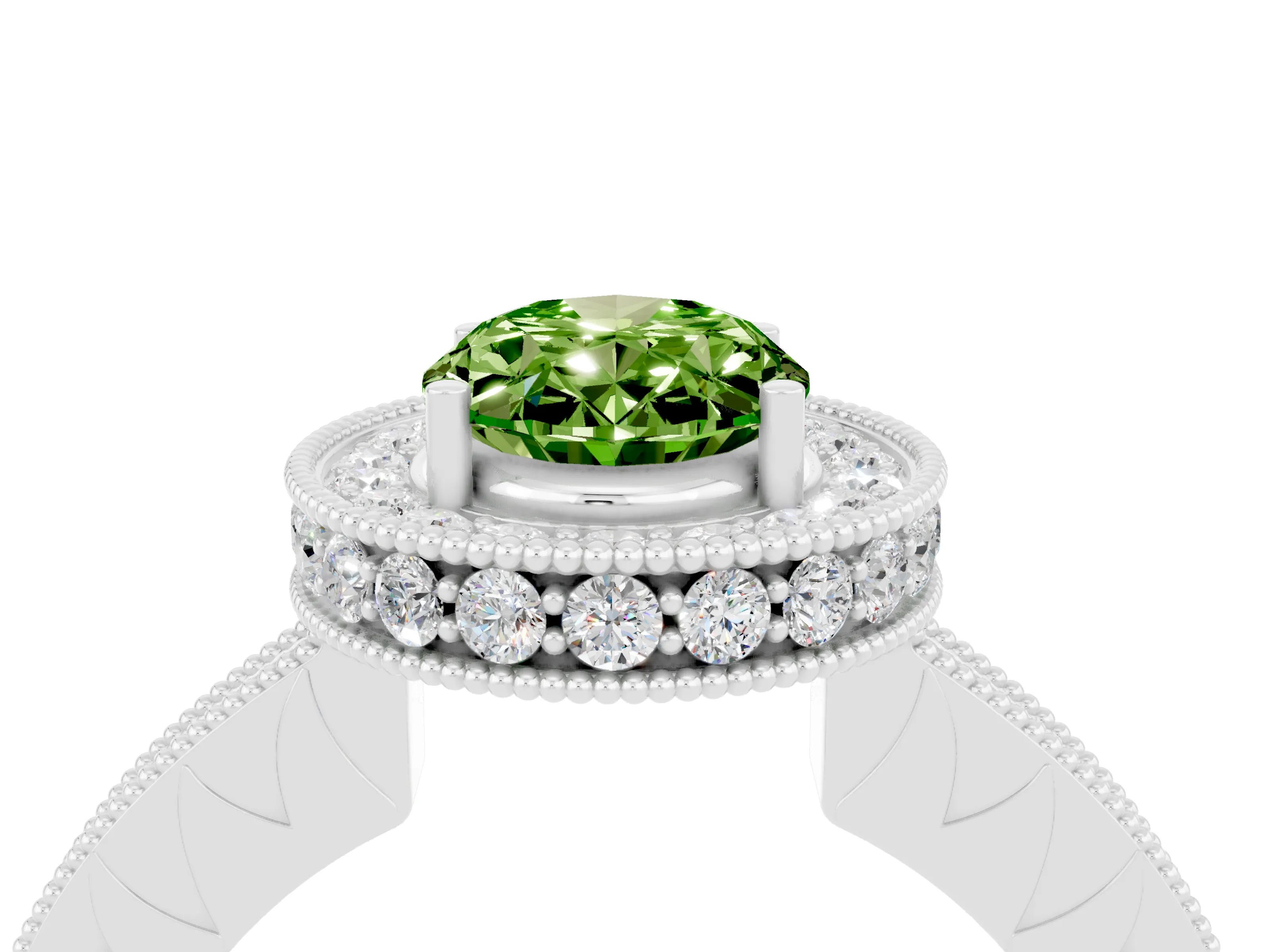White gold Oval Cut Halo Diamond Engagement Ring with Milgrain Pave Band and Four-Prong Setting_4