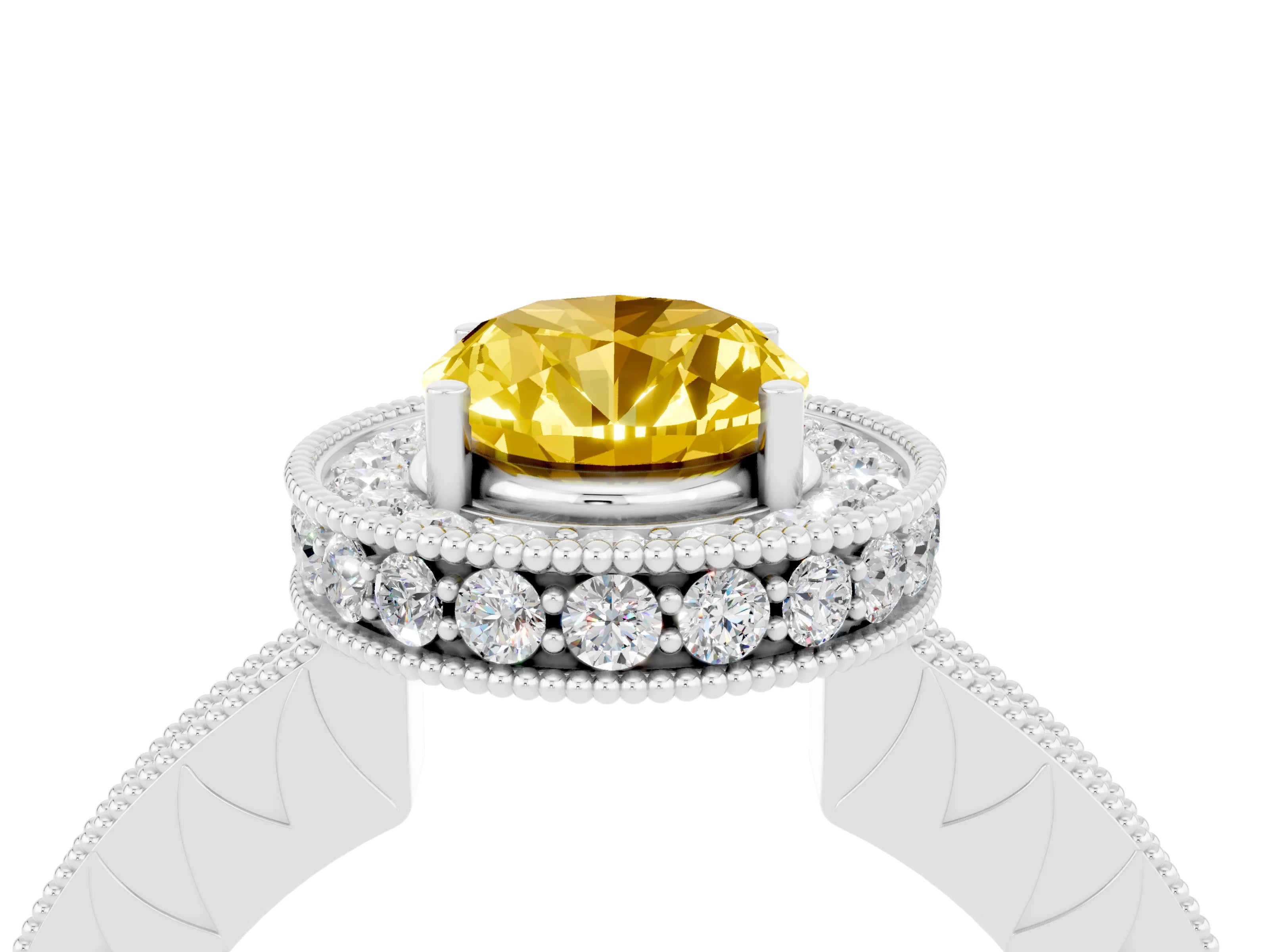 White gold Oval Cut Halo Diamond Engagement Ring with Milgrain Pave Band and Four-Prong Setting_4
