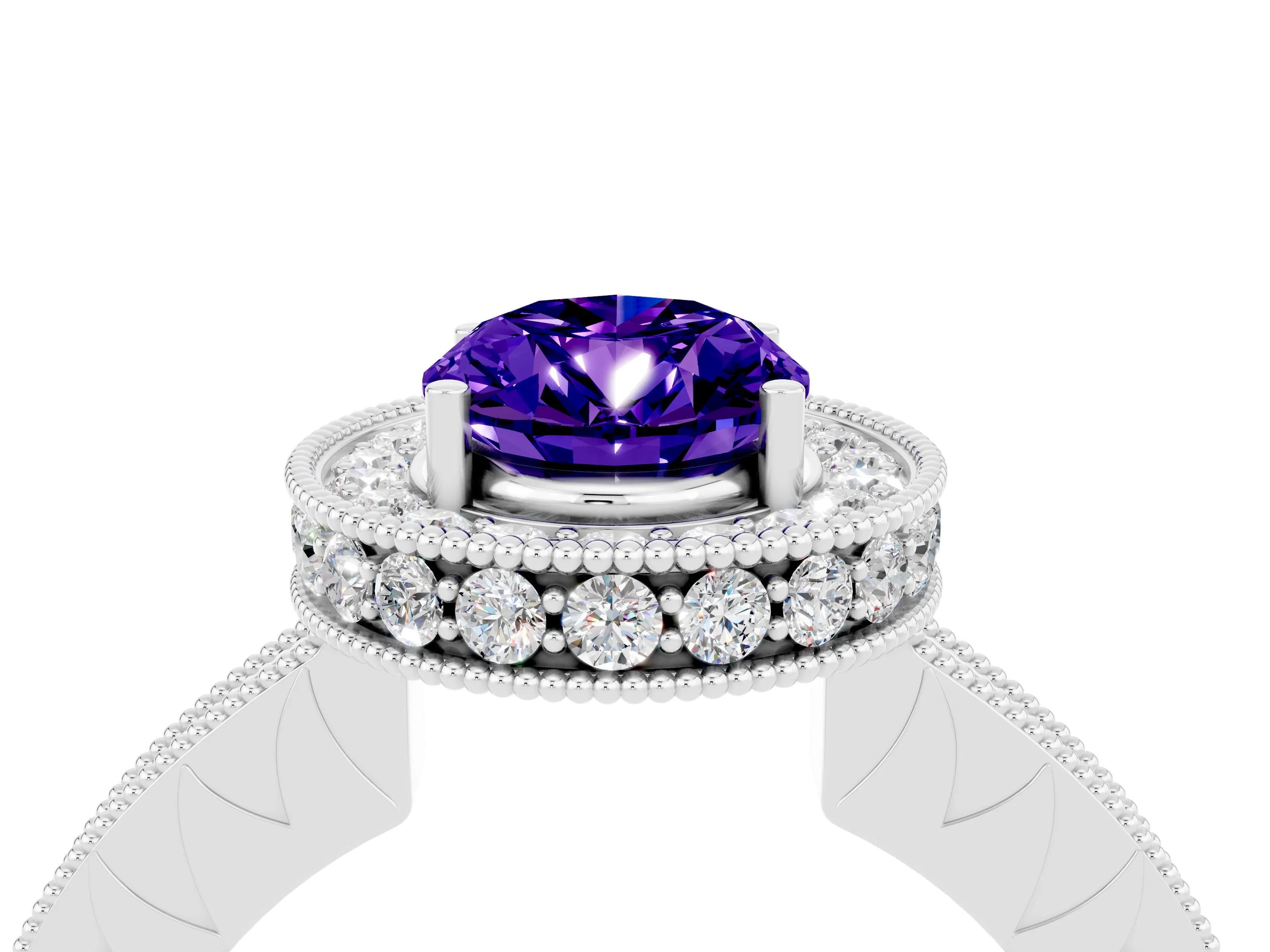 White gold Oval Cut Halo Diamond Engagement Ring with Milgrain Pave Band and Four-Prong Setting_4