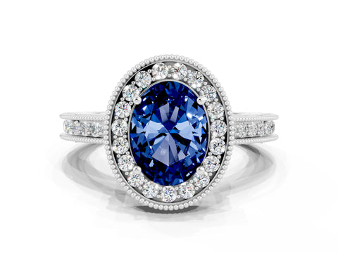White gold Oval Cut Halo Diamond Engagement Ring with Milgrain Pave Band and Four-Prong Setting
