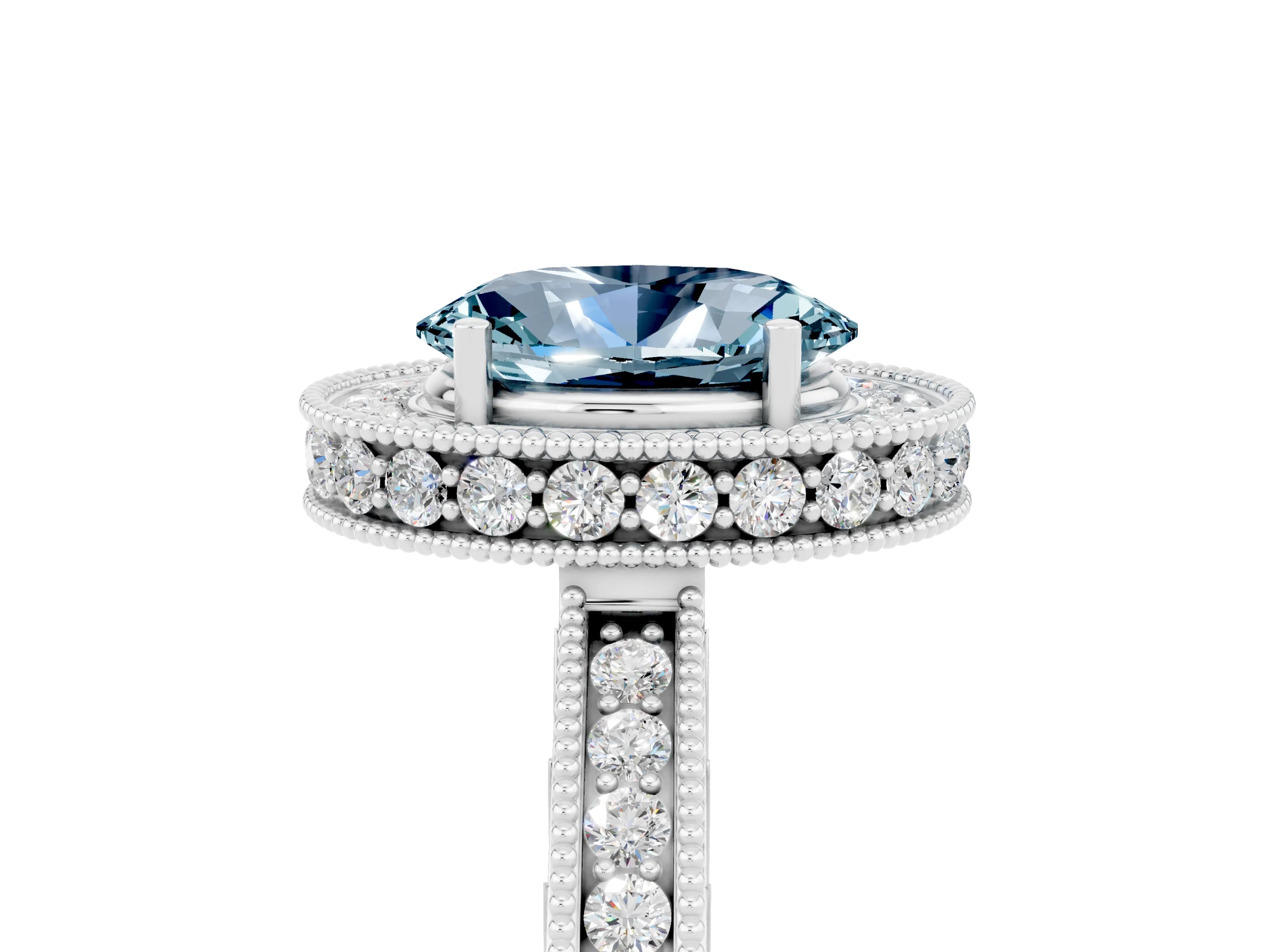 White gold Oval Cut Halo Diamond Engagement Ring with Milgrain Pave Band and Four-Prong Setting_5