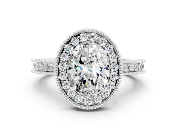 White gold Oval Cut Halo Diamond Engagement Ring with Milgrain Pave Band and Four-Prong Setting