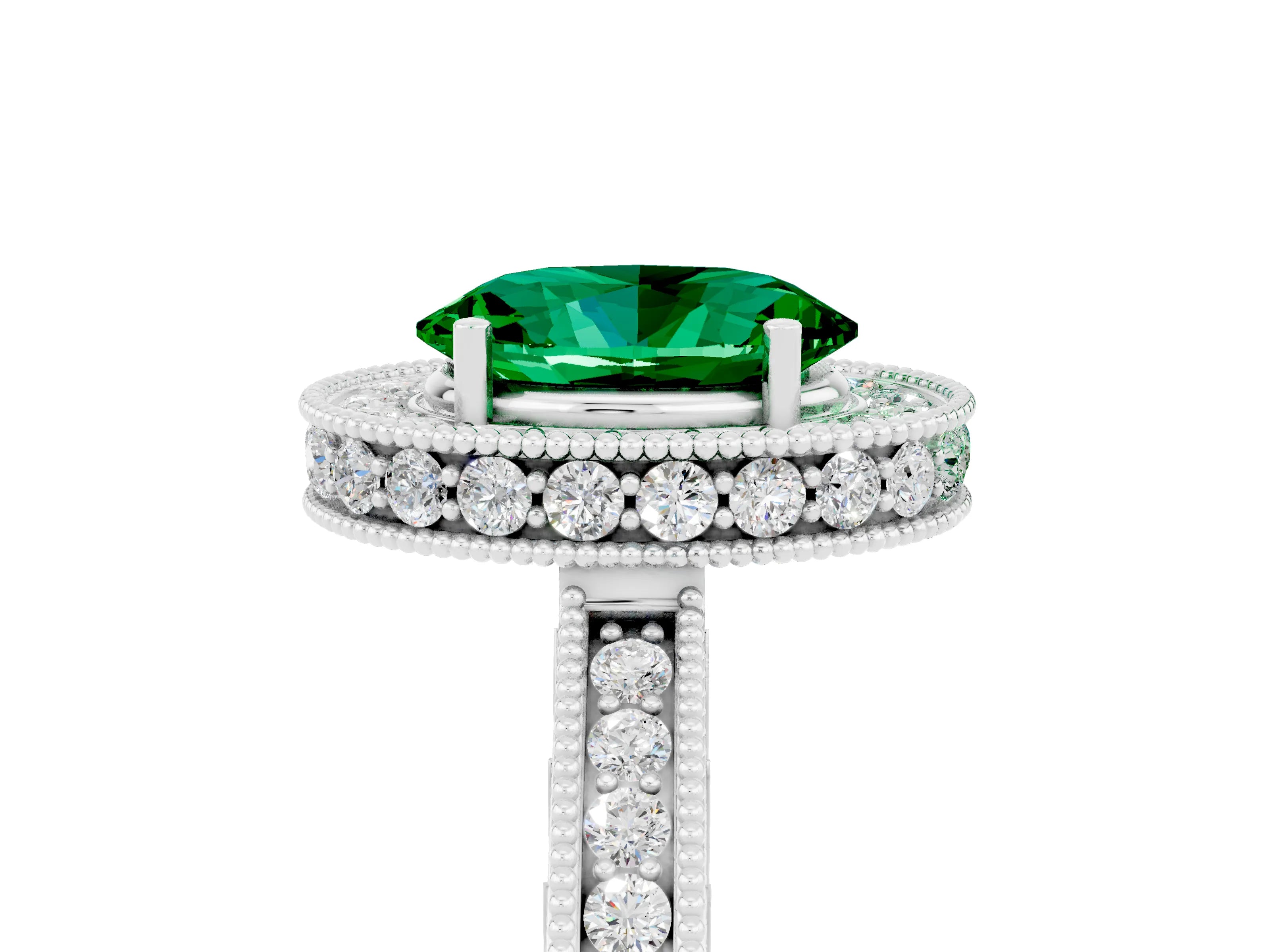 White gold Oval Cut Halo Diamond Engagement Ring with Milgrain Pave Band and Four-Prong Setting_5