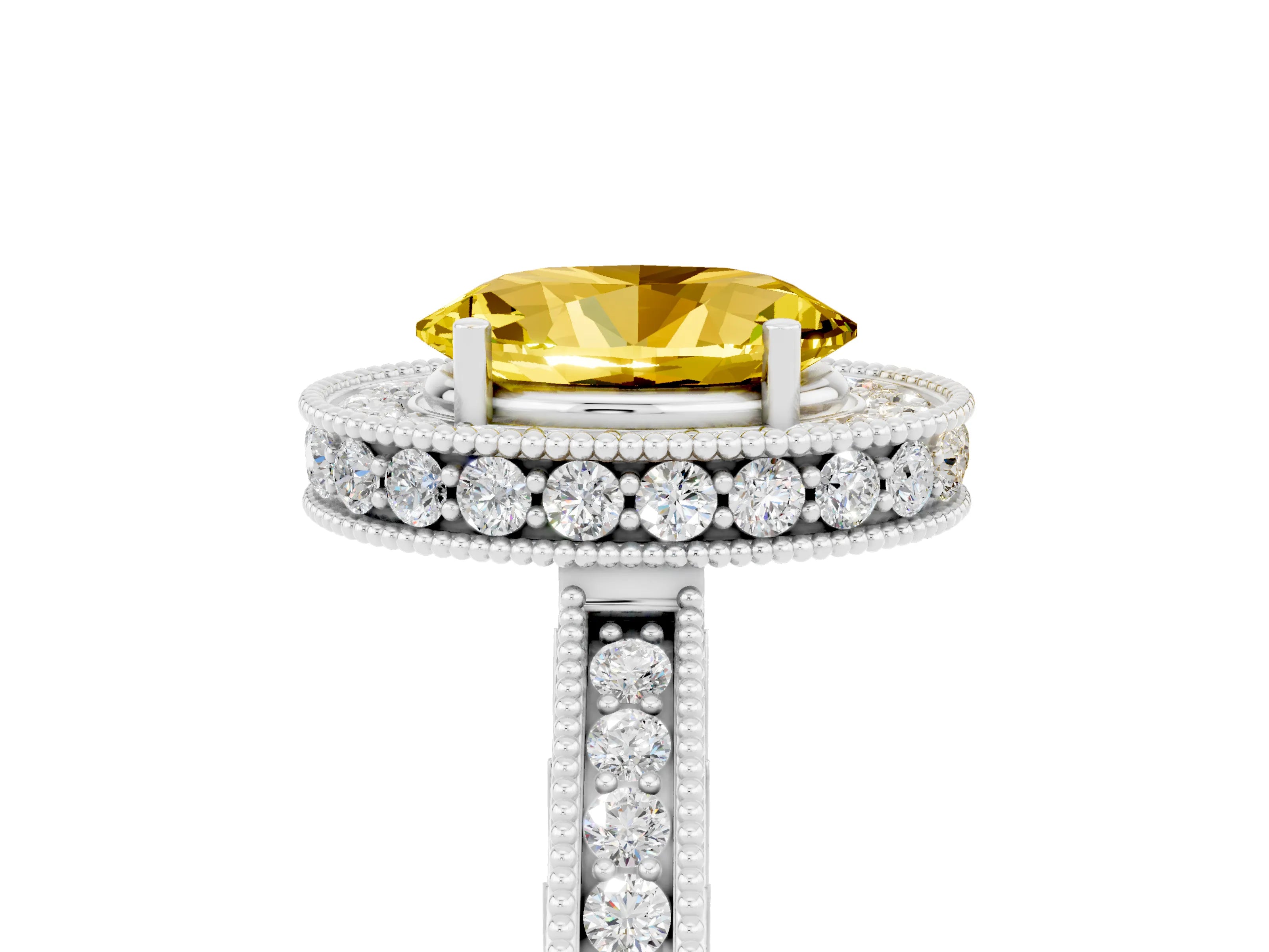 White gold Oval Cut Halo Diamond Engagement Ring with Milgrain Pave Band and Four-Prong Setting_5