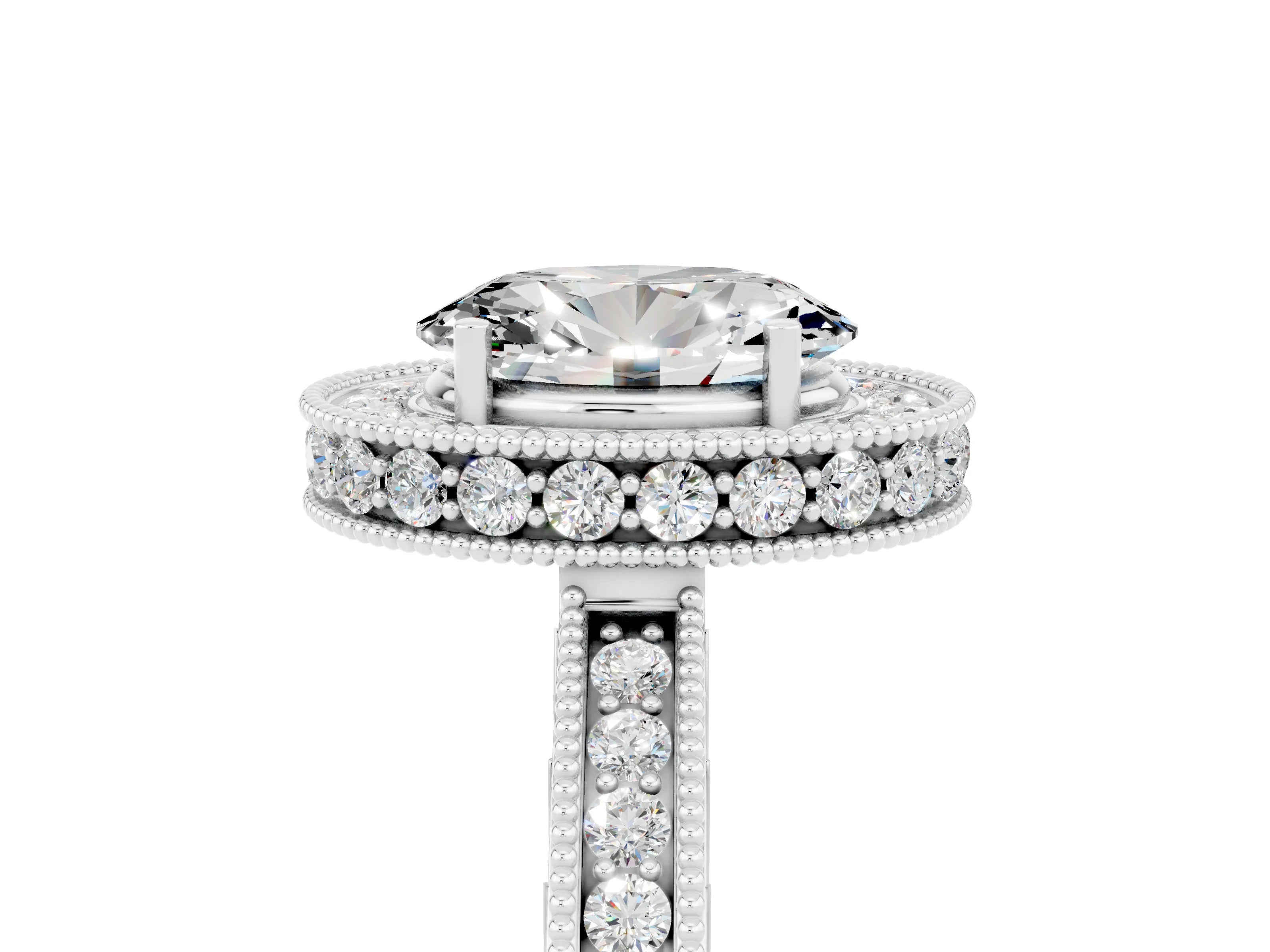 White gold Oval Cut Halo Diamond Engagement Ring with Milgrain Pave Band and Four-Prong Setting_5