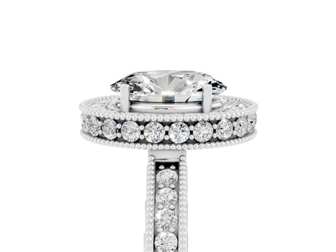 White gold Oval Cut Halo Diamond Engagement Ring with Milgrain Pave Band and Four-Prong Setting_5