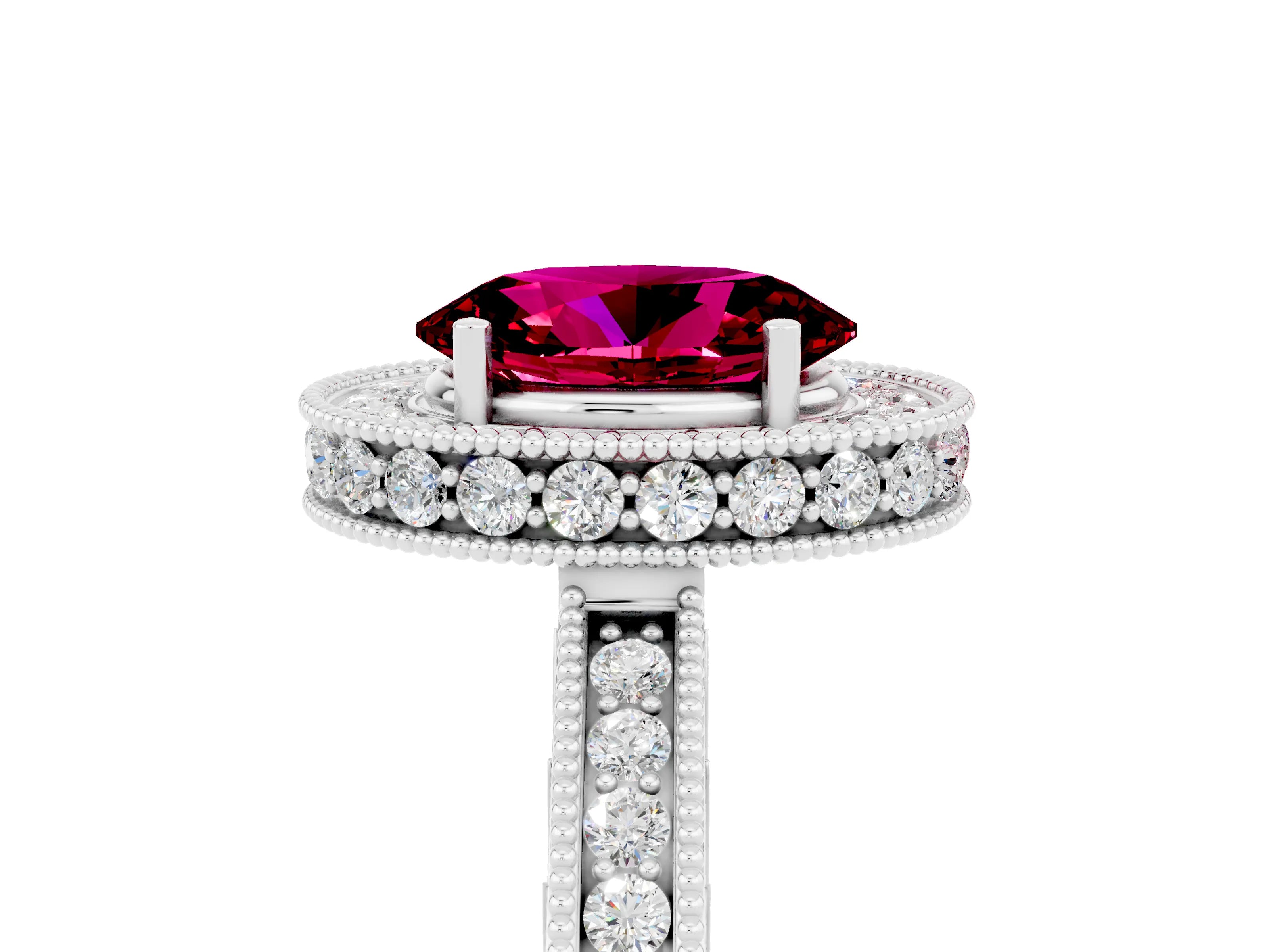 White gold Oval Cut Halo Diamond Engagement Ring with Milgrain Pave Band and Four-Prong Setting_5