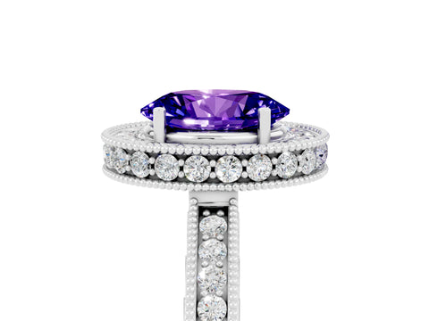 White gold Oval Cut Halo Diamond Engagement Ring with Milgrain Pave Band and Four-Prong Setting_5