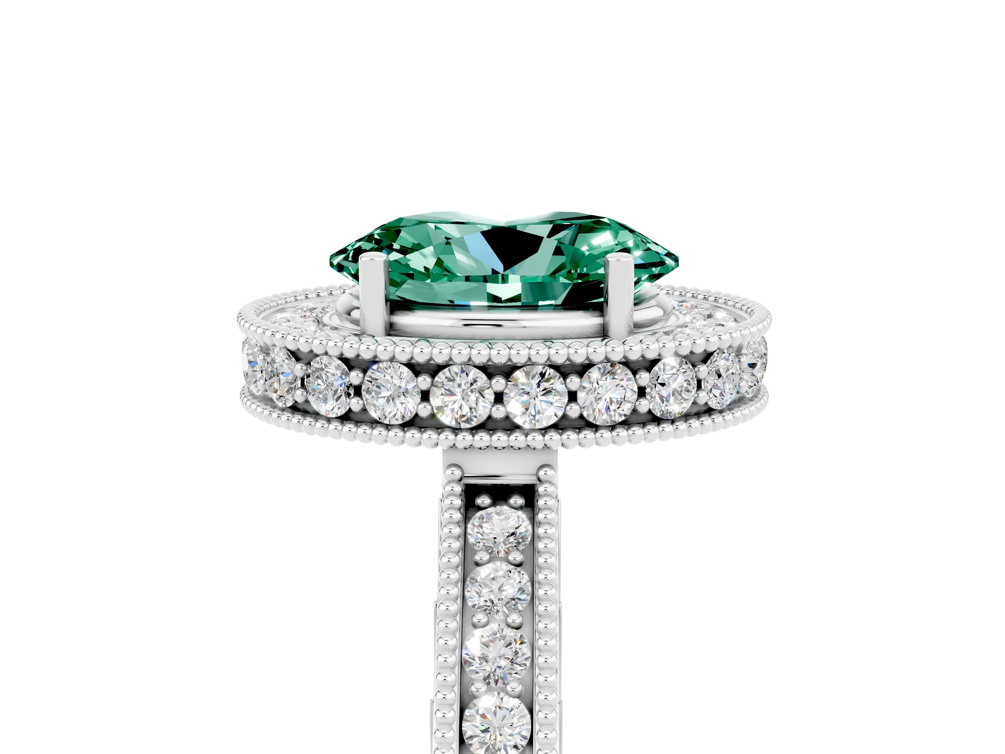 White gold Oval Cut Halo Diamond Engagement Ring with Milgrain Pave Band and Four-Prong Setting_5