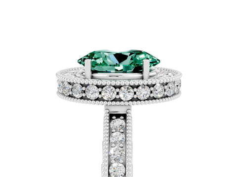 White gold Oval Cut Halo Diamond Engagement Ring with Milgrain Pave Band and Four-Prong Setting_5